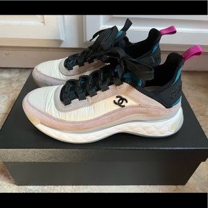 Chanel Suede Calfskin Nylon Grosgrain CC Sneakers 36 Beige & Pink
